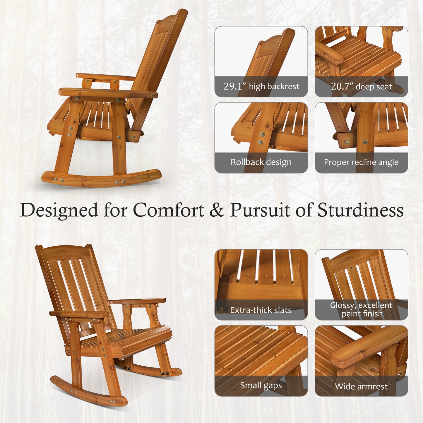 Fortune Candy 1 Person Wooden Rocking Chair with Comfortable Backrest Inclination, High Backrest and Deep Contoured Seat (Teak Tone)