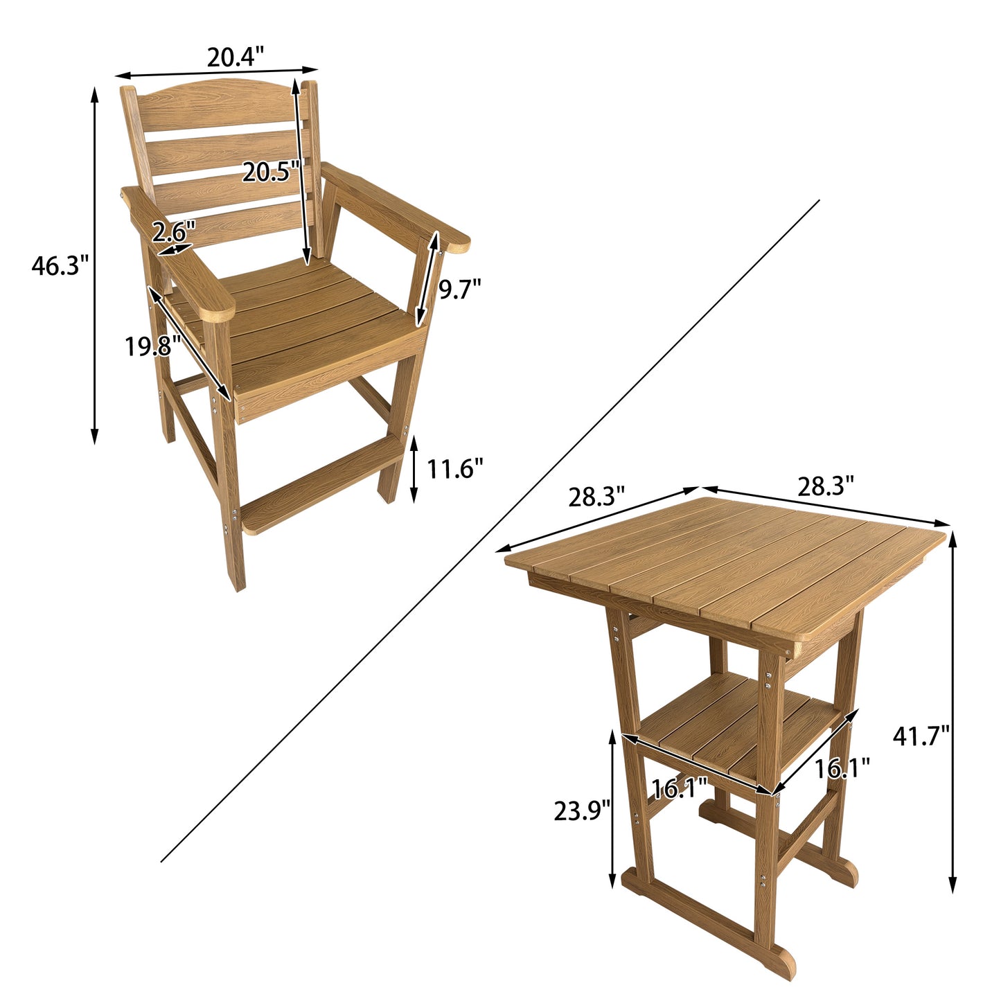 Poly Lumber Patio HIPS Bar Set, 2-Person Plastic Outdoor Bar Stools with Table, Teak Tone, 600 lb. Weight Capacity