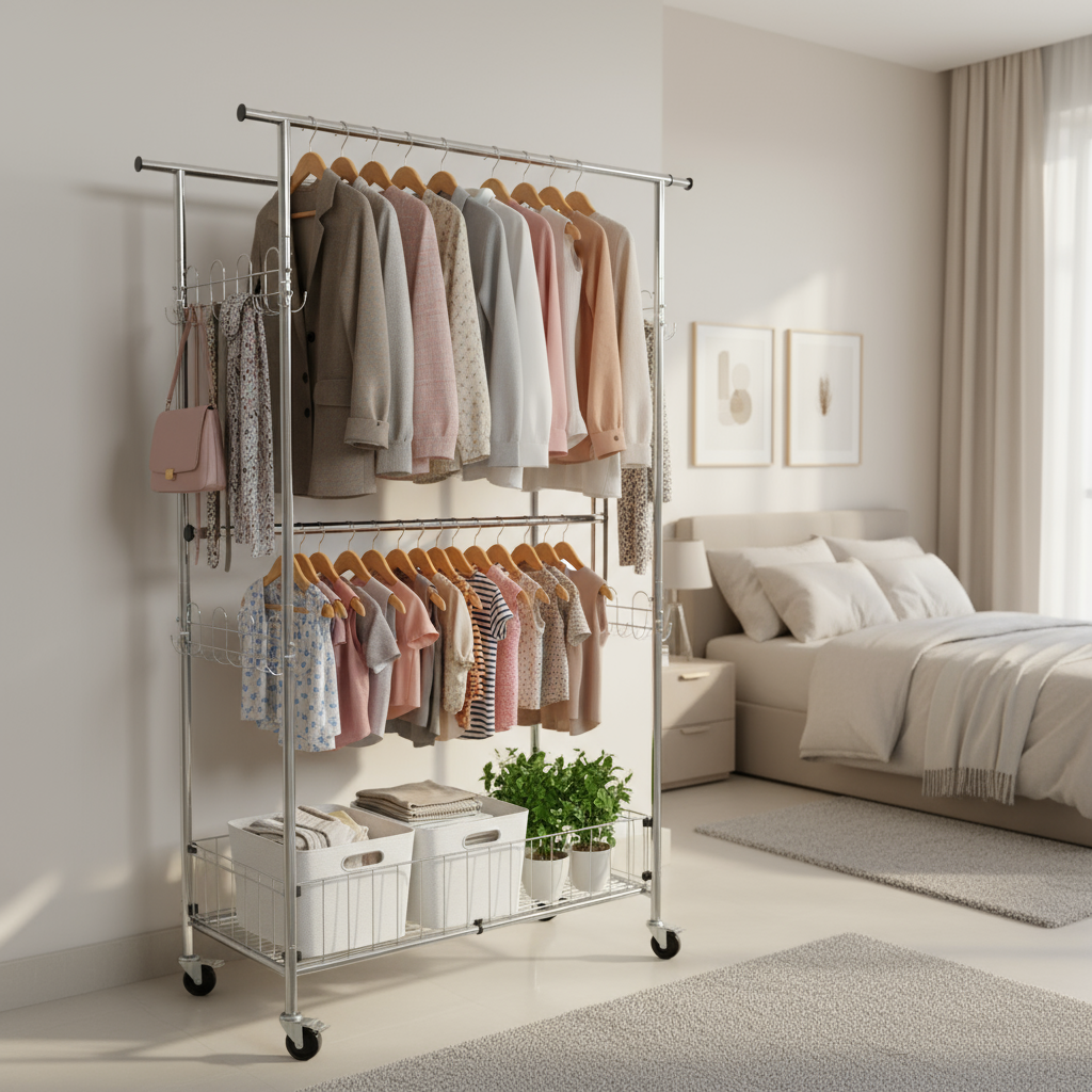 Fortune Candy 69.7" Tall Steel Rack with Extendable Hanging Bars, Side Hooks, and Lockable Wheels for Home, Office, and Display Use