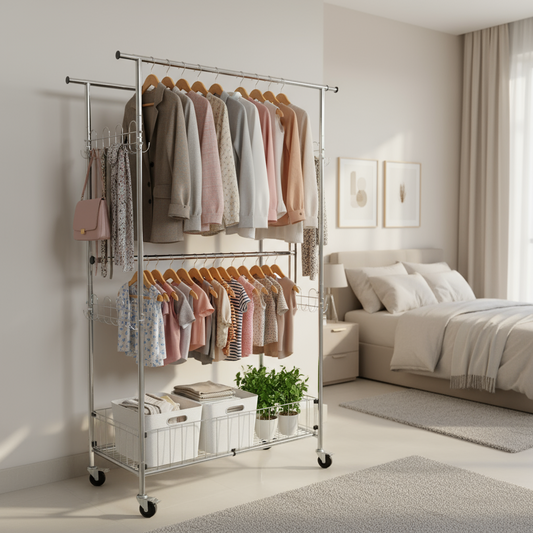 Fortune Candy 69.7" Tall Steel Rack with Extendable Hanging Bars, Side Hooks, and Lockable Wheels for Home, Office, and Display Use