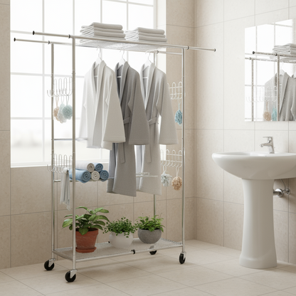 Fortune Candy 69.7" Tall Steel Rack with Extendable Hanging Bars, Side Hooks, and Lockable Wheels for Home, Office, and Display Use