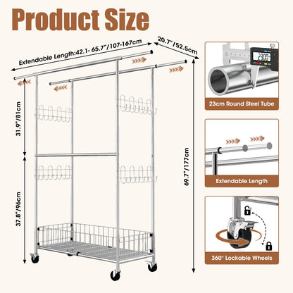 Fortune Candy 69.7" Tall Steel Rack with Extendable Hanging Bars, Side Hooks, and Lockable Wheels for Home, Office, and Display Use