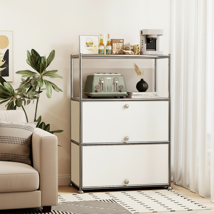 Fortune Candy 3 Tier Metal Storage Cabinet with Doors, Modern Organizer, Open Shelf for Dining Room or Living Space, White