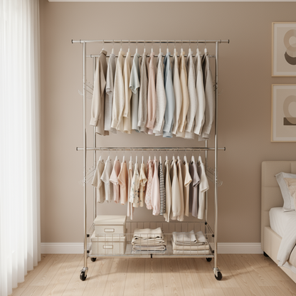 Fortune Candy 69.7" Tall Steel Rack with Extendable Hanging Bars, Side Hooks, and Lockable Wheels for Home, Office, and Display Use