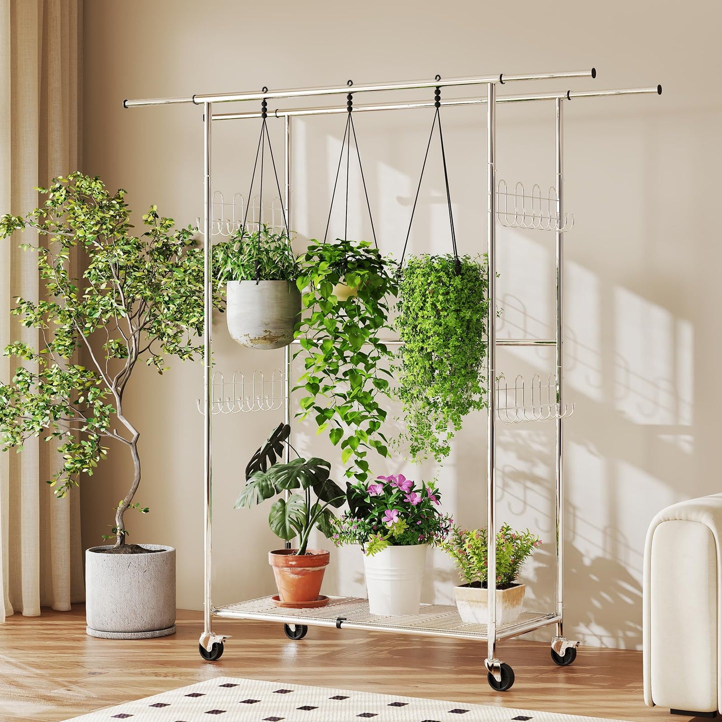 Fortune Candy 69.7" Tall Steel Rack with Extendable Hanging Bars, Side Hooks, and Lockable Wheels for Home, Office, and Display Use