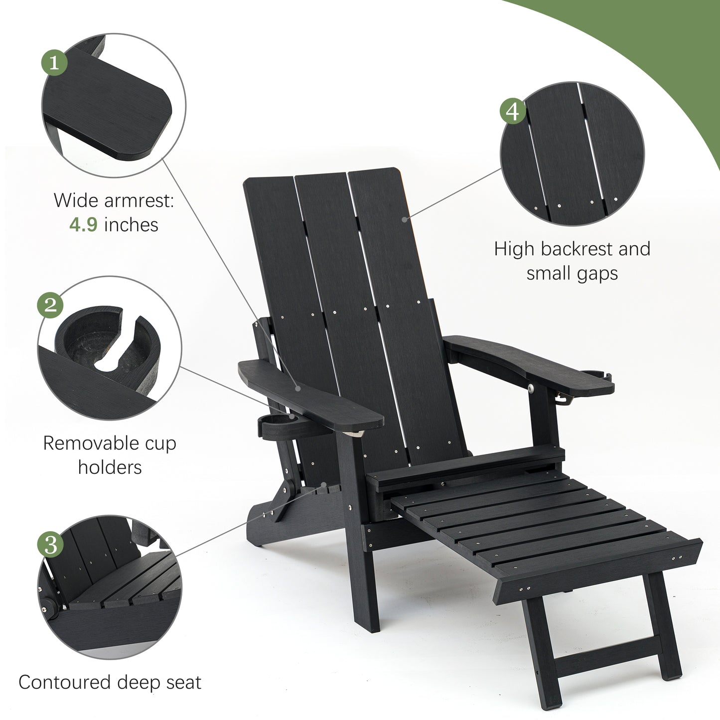 Fortune Candy 1 Person HIPS Foldable Adirondack Chair with Cushion, Black