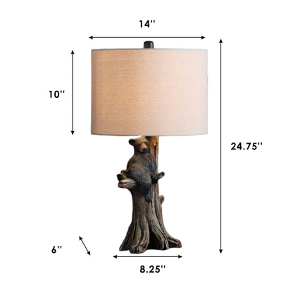 Fortune Candy 24.75" Rustic Black Bear Table Lamp, Polyresin Tree Trunk Base with Fabric Drum Shade for Home Decor